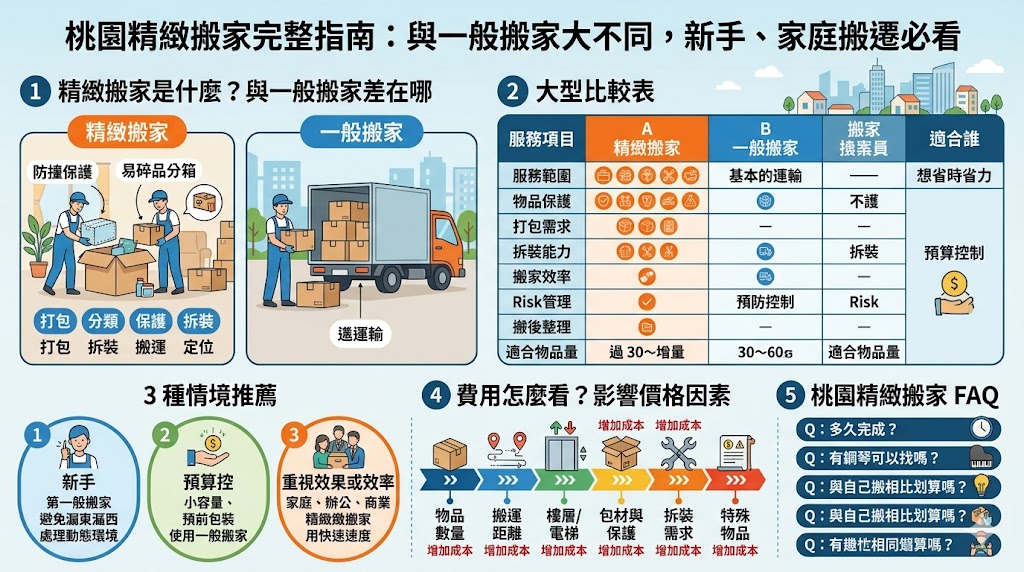 桃園精緻搬家怎麼選？本文整理桃園精緻搬家與一般搬家的差異、費用影響、適合情境、服務流程與避雷重點，幫助家庭、店家與辦公室搬遷快速判斷方案，降低打包、搬運、拆裝與家具保護風險，並提升搬後就定位效率。