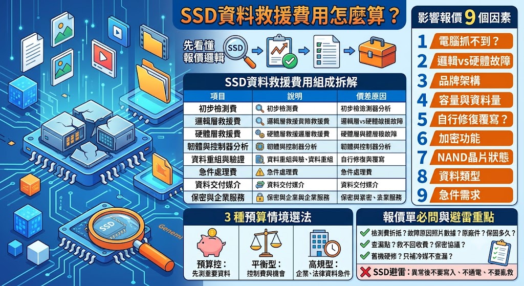 SSD資料救援費用會因故障原因、資料量、控制器狀態、是否硬體損壞與急件需求而不同。第一次詢問SSD資料救援時，建議先了解報價單包含哪些項目，包括檢測費、救援費、資料交付方式與救不回是否收費，才能避免隱藏費與報價落差。本文整理SSD資料救援費用組成、影響價格因素、三種預算情境與報價必問問題，幫助你在送修前更清楚判斷廠商方案是否合理。