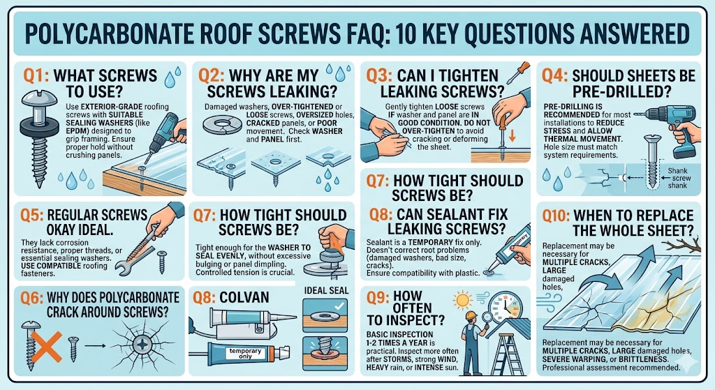 Learn how to identify, troubleshoot, and fix common problems with polycarbonate roof screws, including leaking washers, loose fasteners, cracked panels, poor drilling, and thermal movement issues. This guide explains how to inspect polycarbonate roof screws, choose the right replacement screws and washers, avoid over-tightening, and know when roof damage requires professional repair.