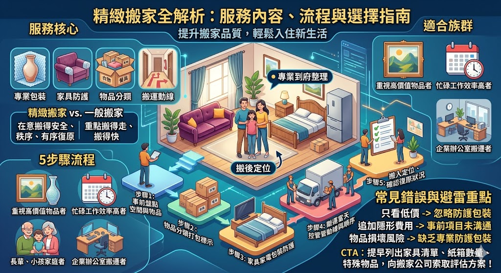 精緻搬家適合重視家具保護、物品分類、搬運效率與搬後整理品質的家庭或企業。透過專業包裝、防撞防護、動線規劃、家具家電拆裝與定點擺放，精緻搬家能降低物品損傷風險，也能減少自行打包與整理壓力。選擇精緻搬家前，建議先盤點物品數量、確認樓層與搬運環境，並與搬家公司確認服務內容、包材、防護方式與報價項目，讓搬家流程更順利。
