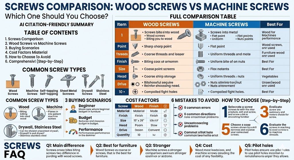 This screws comparison guide helps buyers understand the differences between wood screws and machine screws, including materials, thread design, strength, cost, installation methods, and best-use scenarios. It explains which screws are better for wood, furniture, cabinets, metal assemblies, machinery, electronics, outdoor projects, and repeatable fastening needs. By comparing screw types, common mistakes, pricing factors, and selection steps, this article helps beginners, budget-focused buyers, and performance-focused users choose the right screws for safer, cleaner, and more reliable fastening results.