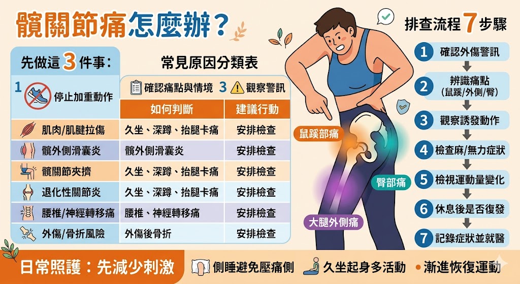 髖關節痛可能出現在鼠蹊部、臀部、大腿外側或走路、久坐、上下樓梯時,常見原因包含肌肉拉傷、滑囊炎、髖關節夾擠、退化性關節炎或腰椎神經轉移痛。本文整理髖關節痛的原因分類、快速判斷方式、逐步排查流程與需要就醫的警訊,幫助你先了解疼痛來源,避免錯誤拉筋、過度運動或延誤處理,並依症狀判斷是否需要專業檢查與後續治療。