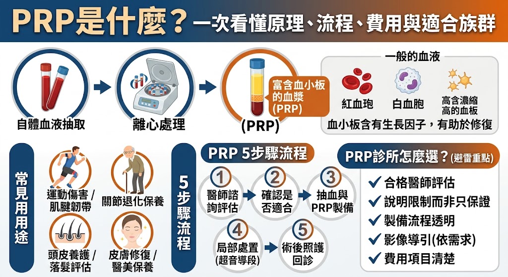 PRP是什麼?PRP是什麼其實指的是 Platelet-Rich Plasma 高濃度血小板血漿,常見於關節、肌腱、韌帶、頭皮與皮膚修復相關評估。本文整理 PRP 原理、常見用途、施作流程、費用影響因素、診所挑選重點與術前術後注意事項,幫助想了解 PRP 的人快速掌握重點,並提醒 PRP 屬於醫療處置,是否適合施作仍需由合格醫師依個人狀況評估。