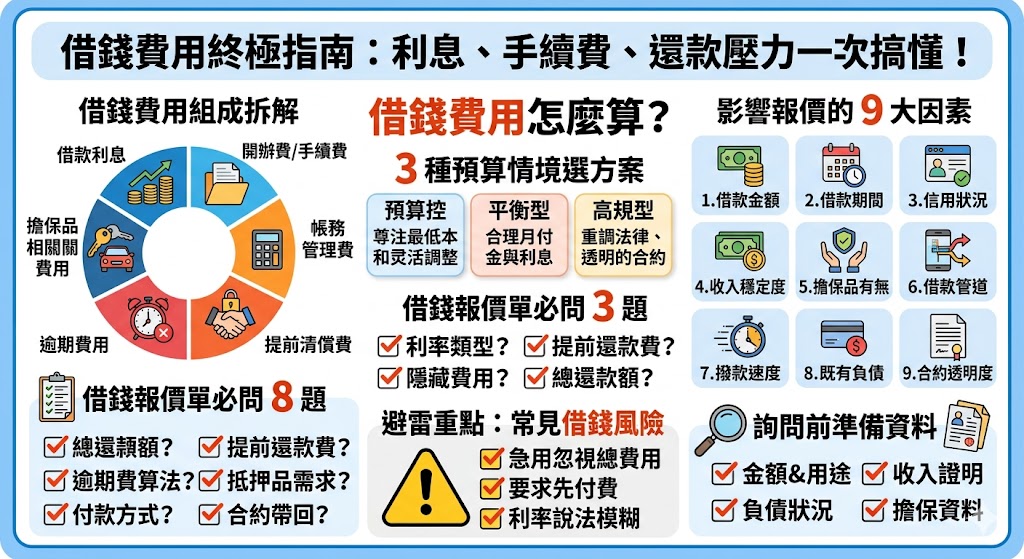 第一次借錢最怕看不懂費用與合約條件,這篇文章整理借錢費用怎麼算,包含利息、手續費、帳務管理費、提前清償費與逾期費用等常見項目,並說明影響報價的關鍵因素、不同預算情境怎麼選、報價單必問問題與常見風險。透過完整費用拆解,幫助有資金需求的人在詢問借錢方案前,先確認總還款金額、付款方式與隱藏費用,避免只看快速撥款或低利率而忽略實際還款壓力。