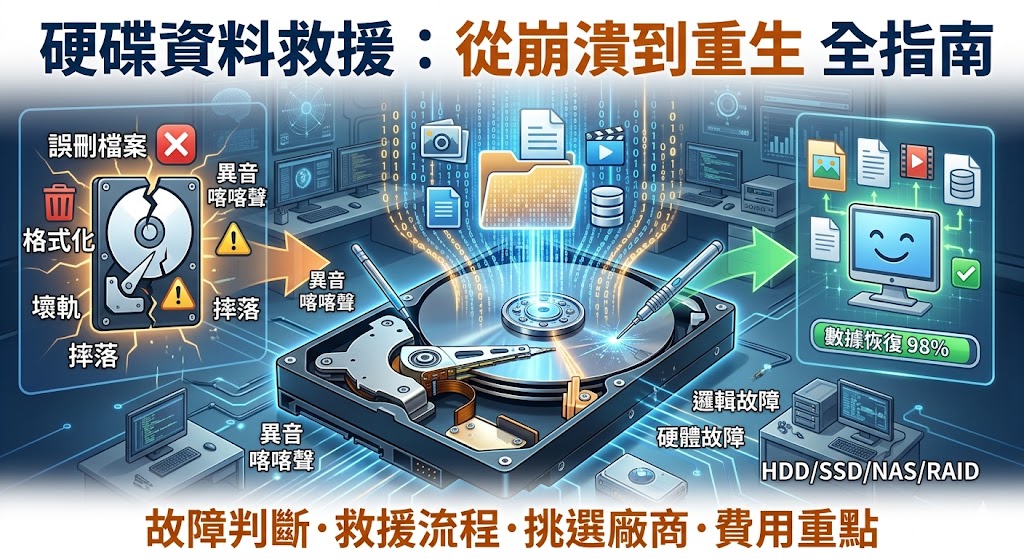 硬碟資料救援可協助處理硬碟讀不到、誤刪檔案、格式化、壞軌、摔落、異音或系統無法開機等問題。本文整理硬碟資料救援的常見狀況、初次檢測流程、費用影響因素與廠商挑選重點，幫助使用者在資料遺失時降低錯誤操作風險，並了解送修前需要準備的資訊與注意事項。