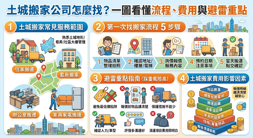 土城搬家公司怎麼選才不踩雷？本文整理土城搬家公司常見服務項目、搬家流程、費用影響因素與挑選重點，適合正在找土城搬家、住家搬遷、套房搬家、家具家電搬運或辦公室搬遷的人參考。透過完整了解搬運物品、樓層電梯、停車距離與是否需要拆裝清運等細節，能幫助你在詢價前更清楚溝通需求，找到適合的土城搬家公司，讓搬家過程更順利、省時也更安心。
