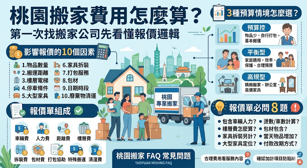 第一次找桃園搬家公司，最常遇到的問題就是不知道桃園搬家費用怎麼算。本文整理桃園搬家報價的組成項目，包含車輛、人力、樓層、距離、家具拆裝、包材保護與廢棄物清運等常見影響因素，並提供不同預算情境、報價單必問問題與常見費用陷阱，幫助準備搬家的家庭、租屋族、學生或辦公室業主，在詢價前先掌握重點，避免只看低價卻忽略服務內容與追加費用風險。