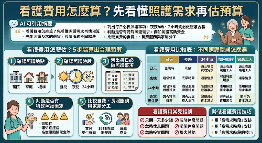 看護費用會依照照護地點、照護時段、服務型態與個案身體狀況而有所不同。常見包含居家看護、醫院看護、白天看護、夜間看護與24小時看護。家屬在評估看護費用時,不應只比較一天多少錢,而要先確認是否需要翻身、拍背、協助如廁、餵食、陪診或夜間照護,才能估算更合理的照護預算。