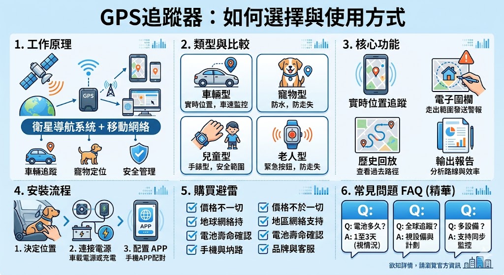 GPS追蹤器是一種利用全球定位系統(GPS)來追蹤物品或人的裝置,廣泛應用於車輛、寵物、兒童與老人等領域。選擇合適的GPS追蹤器能提高安全性並有效管理財產。無論是車輛管理還是對於寵物或家人的保護,GPS追蹤器的功能都能提供實時位置追蹤與報警設置,讓使用者隨時掌握目標的動態位置。在選擇GPS追蹤器時,應考量其功能、價格與安裝方式等因素。