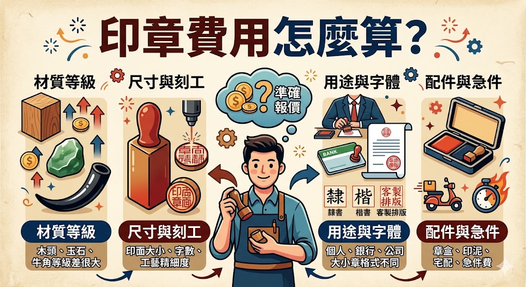 想知道印章多少錢、印章費用怎麼算？本文完整解析印章材質、尺寸、刻印內容、字體排版、急件服務與配件差異，帶你看懂印章報價單、影響價位的關鍵因素，以及第一次刻印章前該準備哪些資料，幫助你快速選到符合用途與預算的印章方案。
